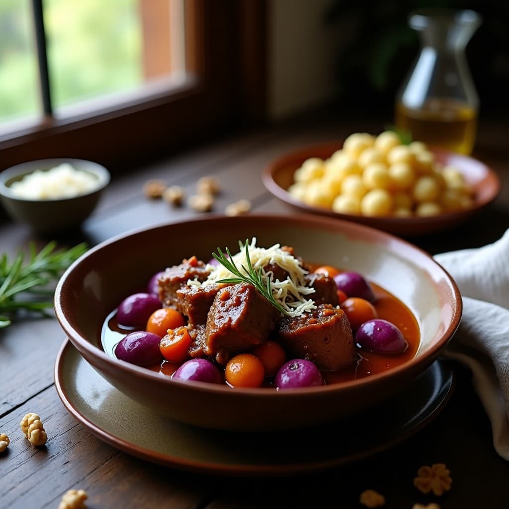 Goulash de Cordero con Ñoquis de Batata Morada: Receta Húngara en Olla Expres