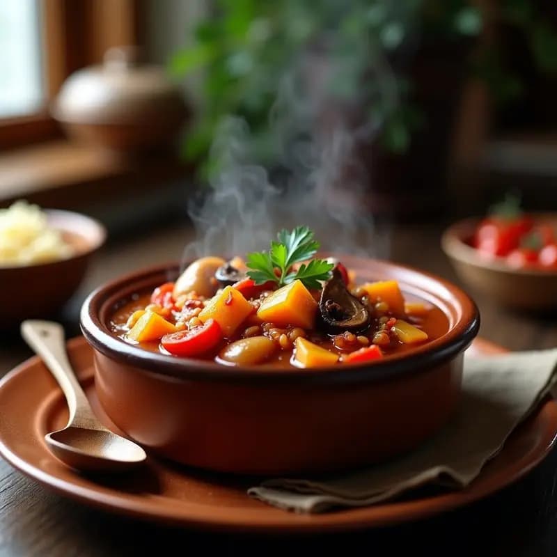 Goulashúngaro de Hongos y Pimentón: Estofado Vegano con Ñame y Pimientos