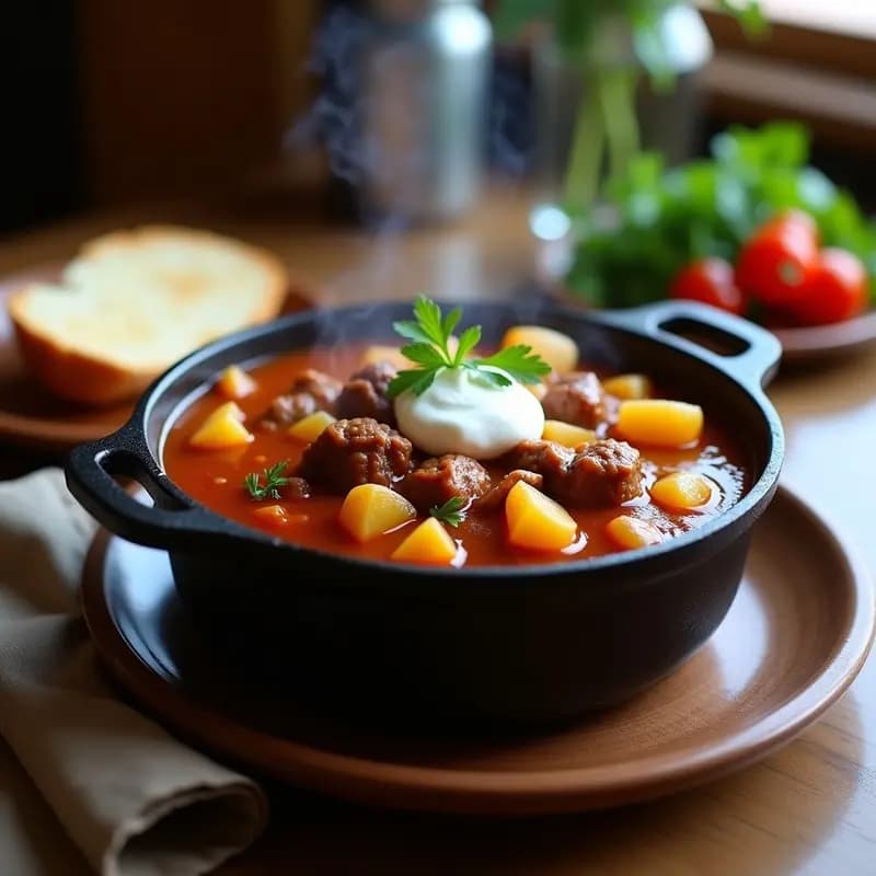 Goulash Hungría: Estofado de Carne con Pimentón, Patatas y Cebolla en Olla