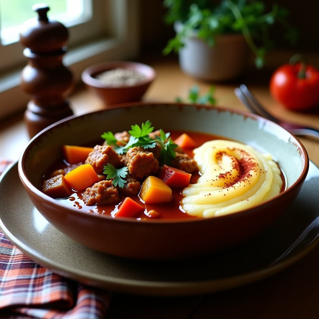 Goulash de Seitan y Pimientos con Puré de Coliflor: Receta Húngara Vegana y Sin Gluten
