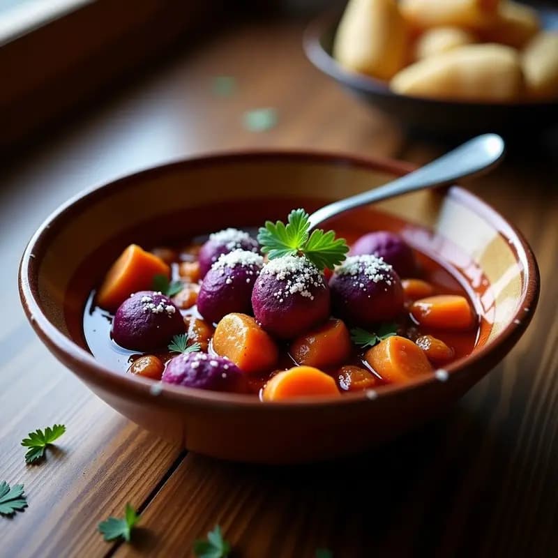 Goulash de Ternera con Ñoquis de Papa Morada: Estofado Húngaro con Toque Andino