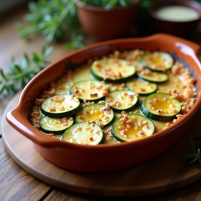 Gratin de Calabacín y Queso de Castañas con Migas de Almendras: Receta Francesa Vegana