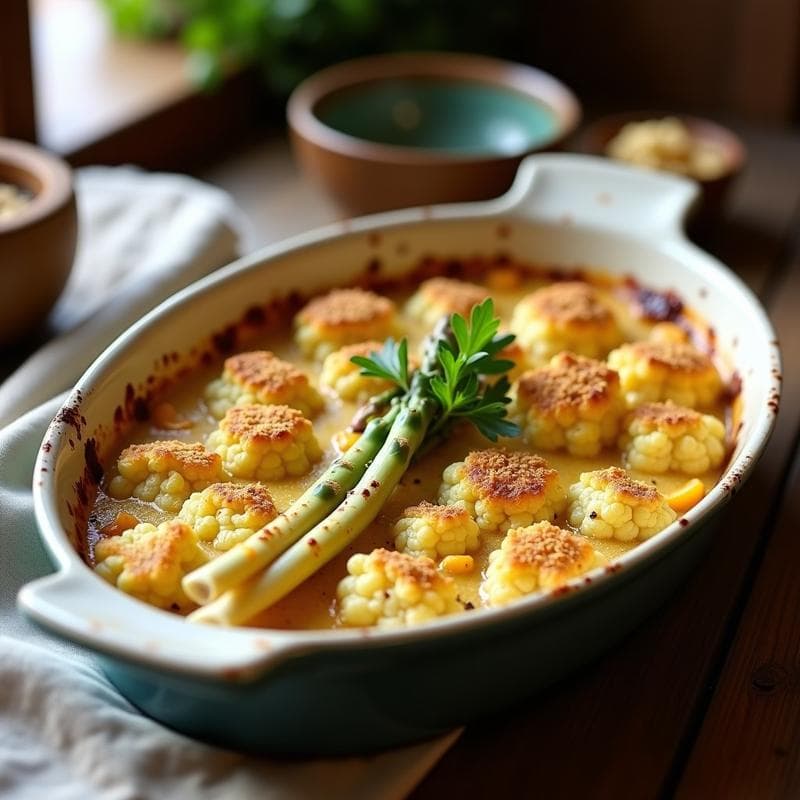 Gratinado de Coliflor y Espárragos con Salsa de Queso Vegano: Receta en Thermomix