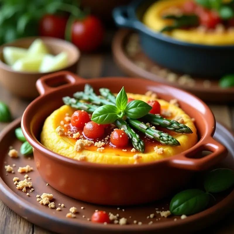 Gratinado de Polenta y Espárragos con Salsa de Tomate Seco: Receta Italiana Vegana en Airfryer