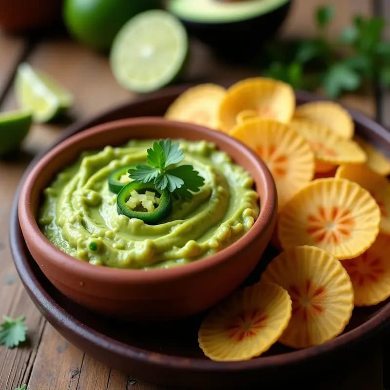 Guacamole con Chips de Plátano: Dip Mexicano Cremoso y Crujiente Sin Gluten