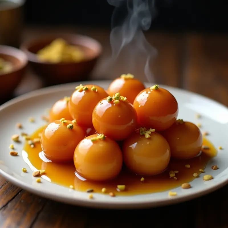 Gulab Jamun indio: Postre dulce de bola de leche frita en almíbar