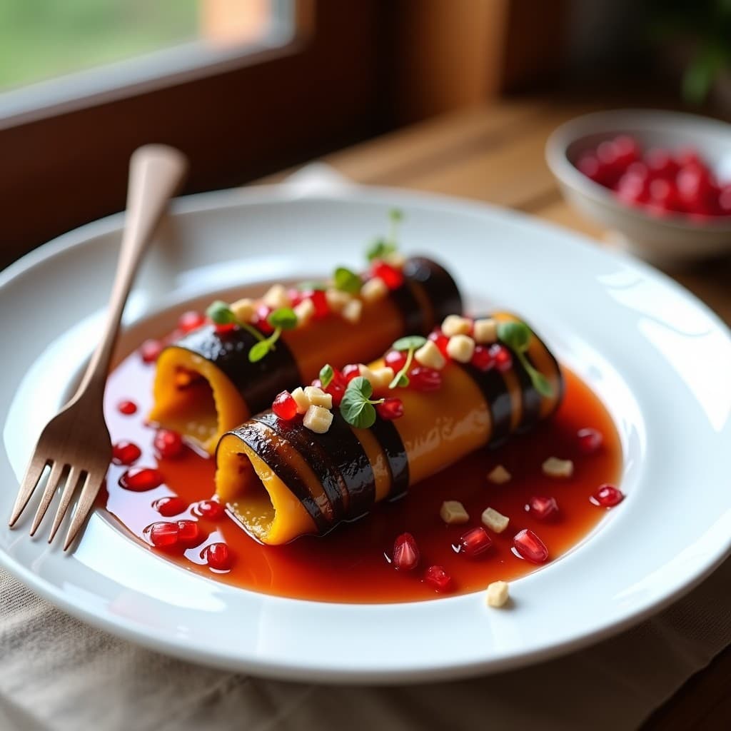 Gutai de Berenjena y Pimientos Asados: Receta Georgiana Vegana al Horno con Vinagreta de Granadas