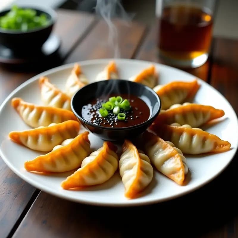 Gyoza de Camarón y Cebolla Verde: Empanadillas Japonesas en Sartén con Salsa Umami
