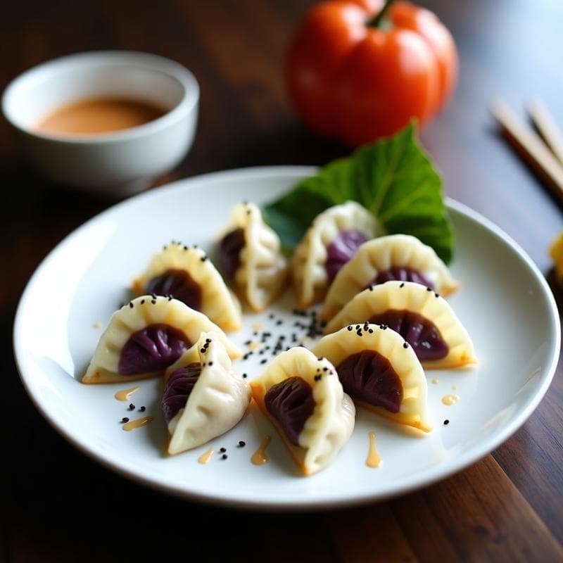 Gyoza de Camote Morado y Espinacas: Aperitivo Japonés Vegano con Salsa de Sésamo