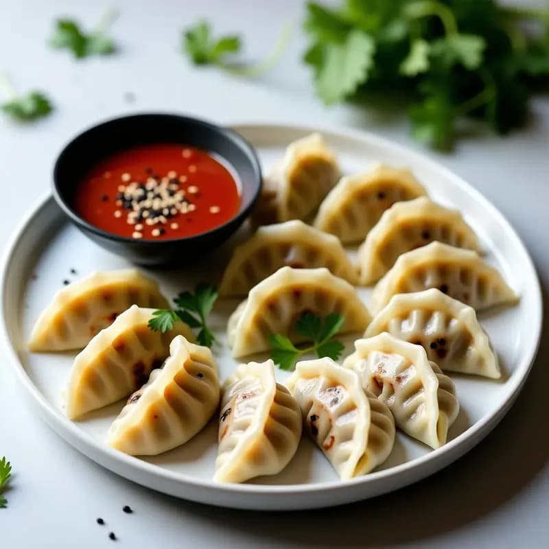 Gyoza de Champiñones y Cilantro: Aperitivo Japonés al Vapor con Salsa Picante