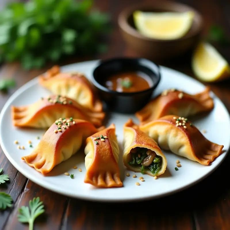 Gyoza de Chimichurri y Hongos Shiitake: Empanadillas Japonesas Veganas con Salsa de Soja y Limón