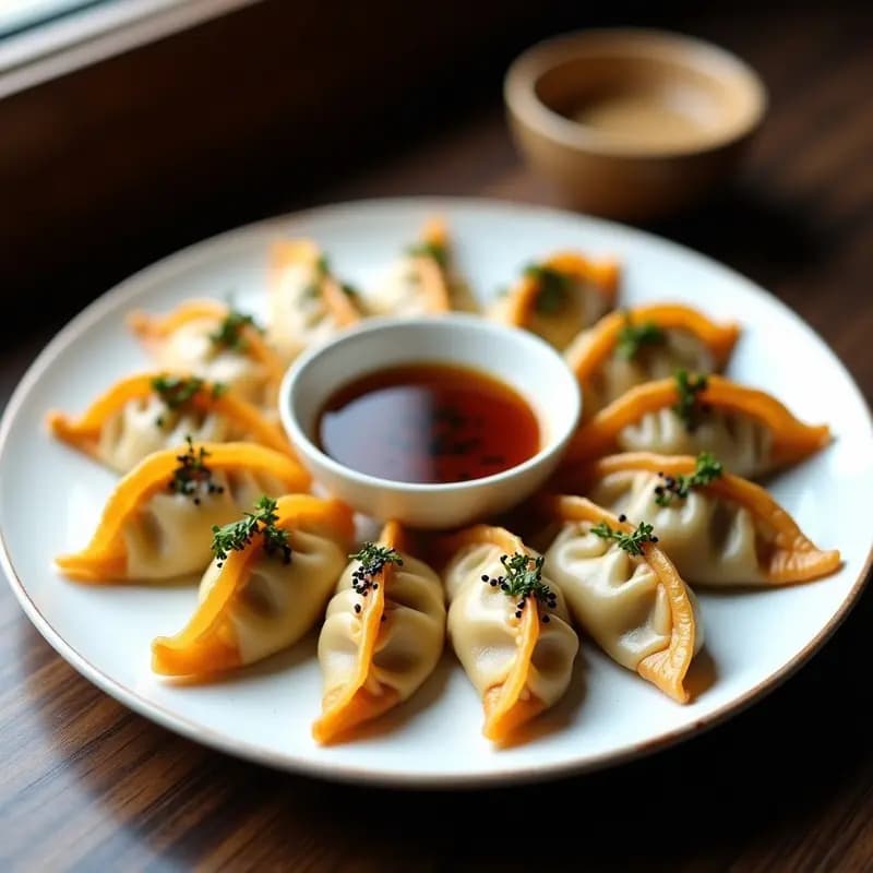 Gyoza de Hongos Portobello y Espárragos con Salsa de Ponzu: Entrante Japonés Vegano