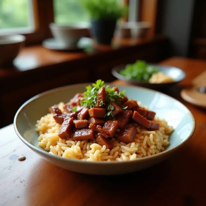 Gyudon Japonés con Carne de Res y Cebolla: Bowl de Arroz Rápido con Salsa de Soya y Jengibre