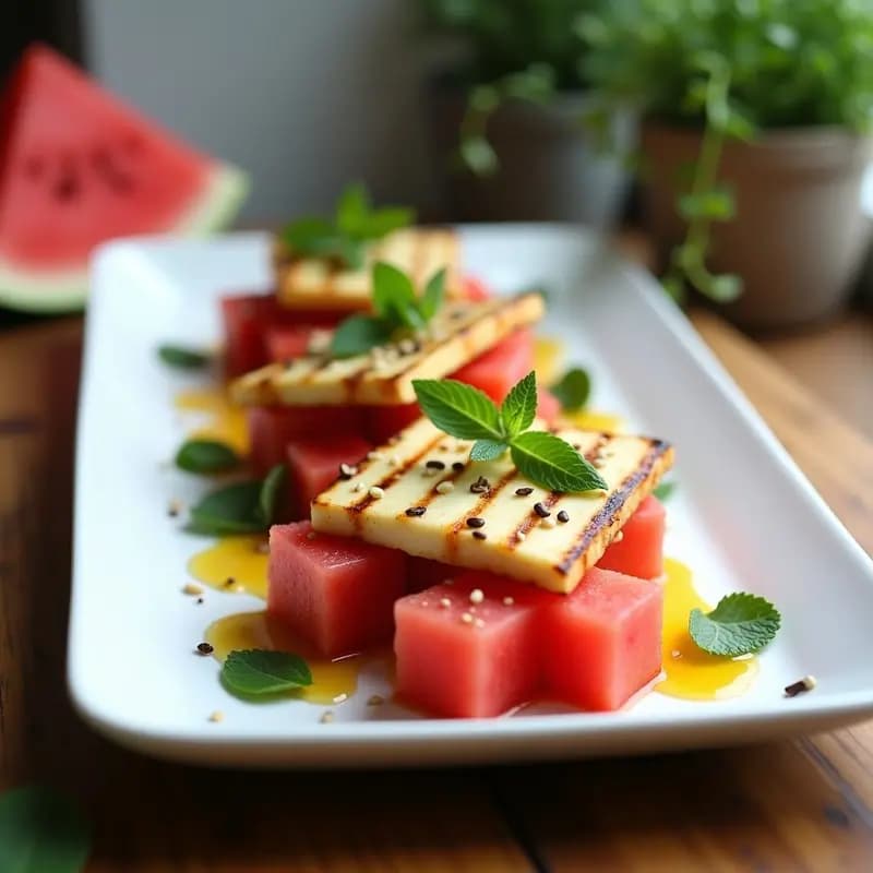 Halloumi a la Parrilla con Sandía y Menta: Entrante Chipriota Refrescante y Sin Gluten