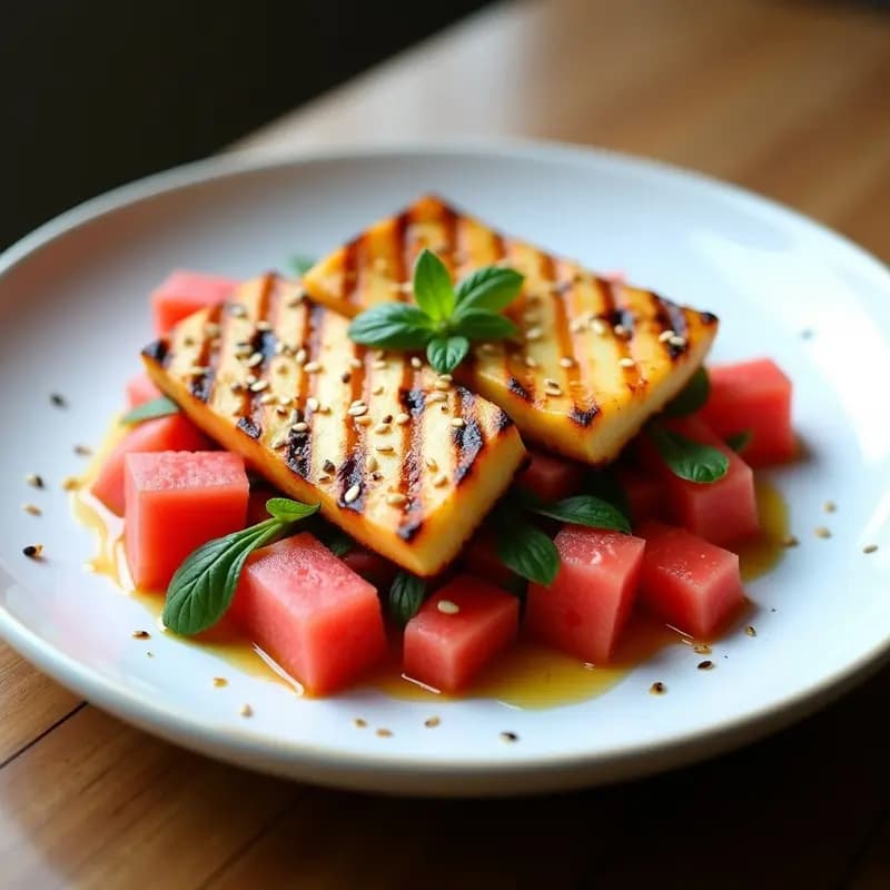 Halloumi a la Parrilla con Ensalada de Watermelon y menta: Receta Chipriota Vegana y Sin Lactosa