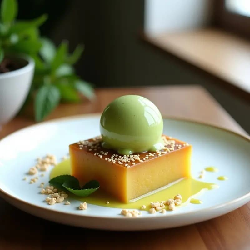 Halva de Sésamo y Dátiles con Helado de Té Verde: Postre de Oriente Medio y Japonés