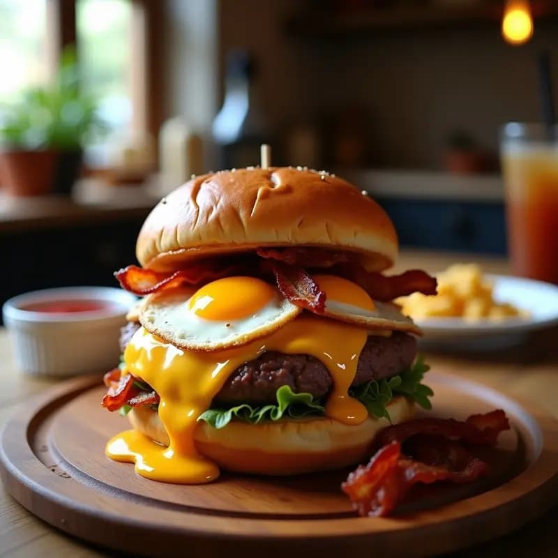 Hamburguesa de 1lb con Queso Fundido, Huevos Fritos y Tocino: Reto para Valientes