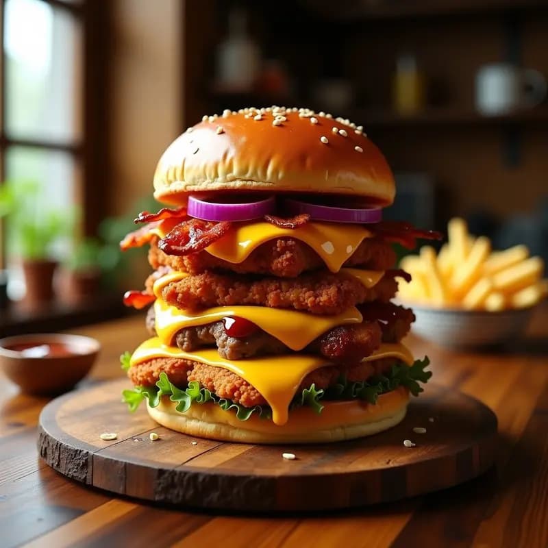 Hamburguesa de 3 Pisos con Carne, Pollo, Queso Fundido y Pan de Brioche: Reto de Comida Basura