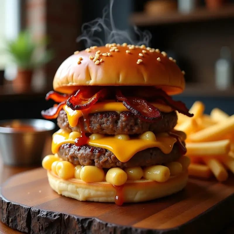 Hamburguesa de 3 Pisos con Mac and Cheese y Bacon Caramelizado: Receta para Antojos Extremos