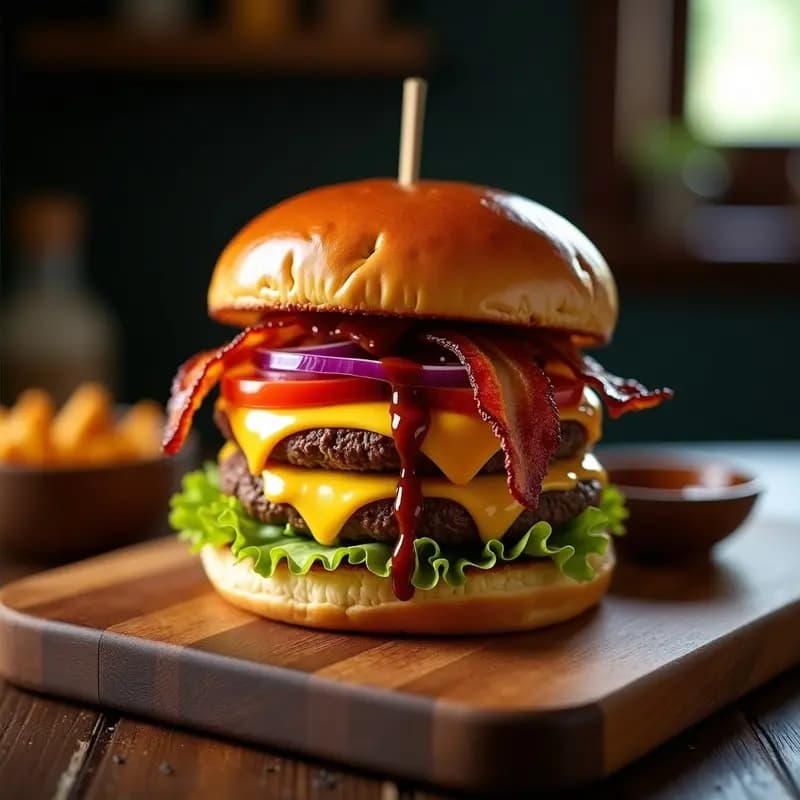 Hamburguesa de 5 Quesos Fundidos con Bacon Ahumado y Salsa BBQ: Receta Ultraindulgente para Amantes del Cheat Meal