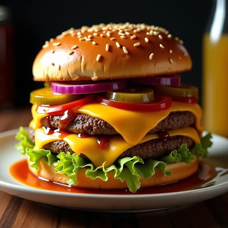 Hamburguesa de 5 Quesos con Pan de Brioche Bañado en Mantequilla de Ajo y Salsa BBQ Picante