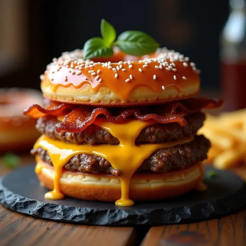 Hamburguesa de 5 Quesos con Donuts Glaseados: Receta de Comida Basura Extrema que Derrite tu Corazón
