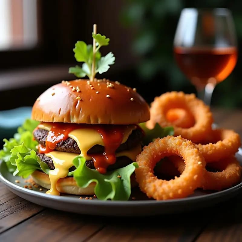 Hamburguesa de 5 Quesos Fundidos con Salsa de Chorizo y Aros de Cebolla Crujientes: Receta para Antojos Nocturnos