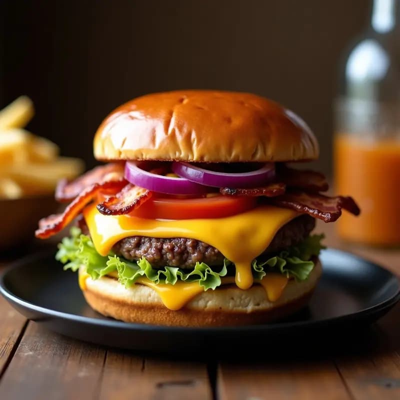 Hamburguesa de 5 Quesos Fundidos con Tocino Crujiente y Salsa de Chipotle: Explosión de Sabores para Amantes del Cheat-Meal