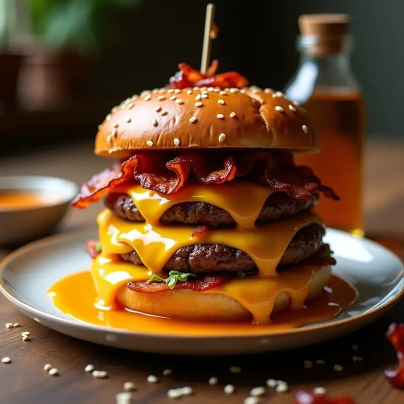 Hamburguesa de 5 Quesos Fundidos con Tocino Crujiente y Salsa de Miel Picante: Receta para Morirse de Gusto