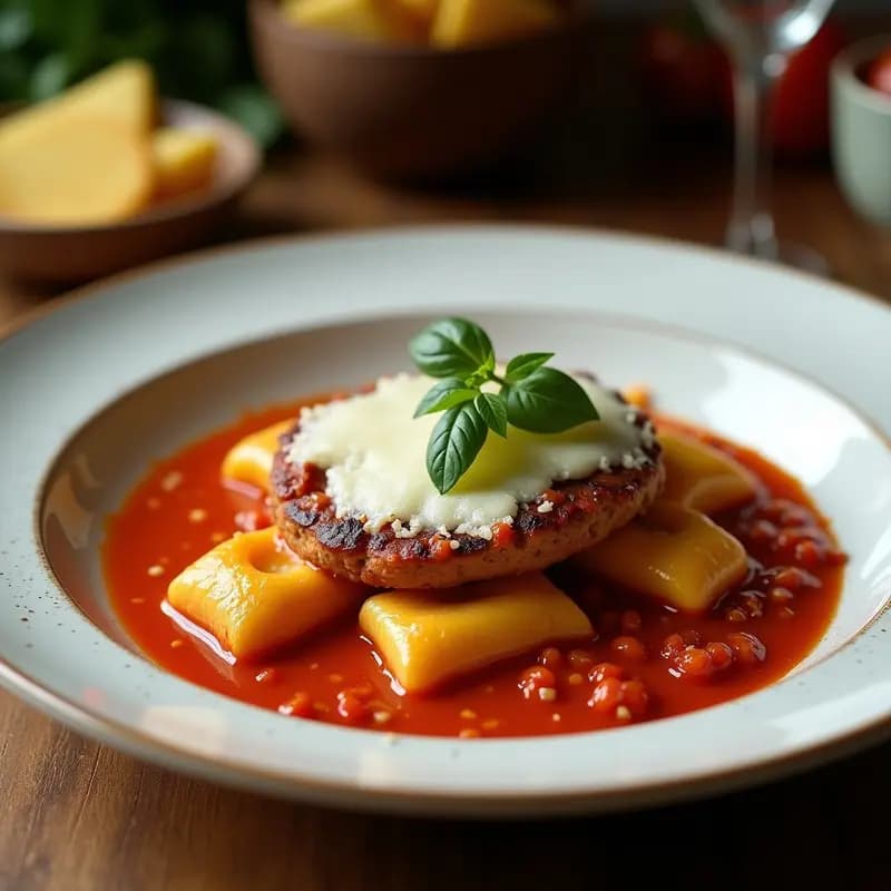 Hamburguesa de Agnolotti Rellenos de Carne con Salsa de Tomate y Queso Fundido