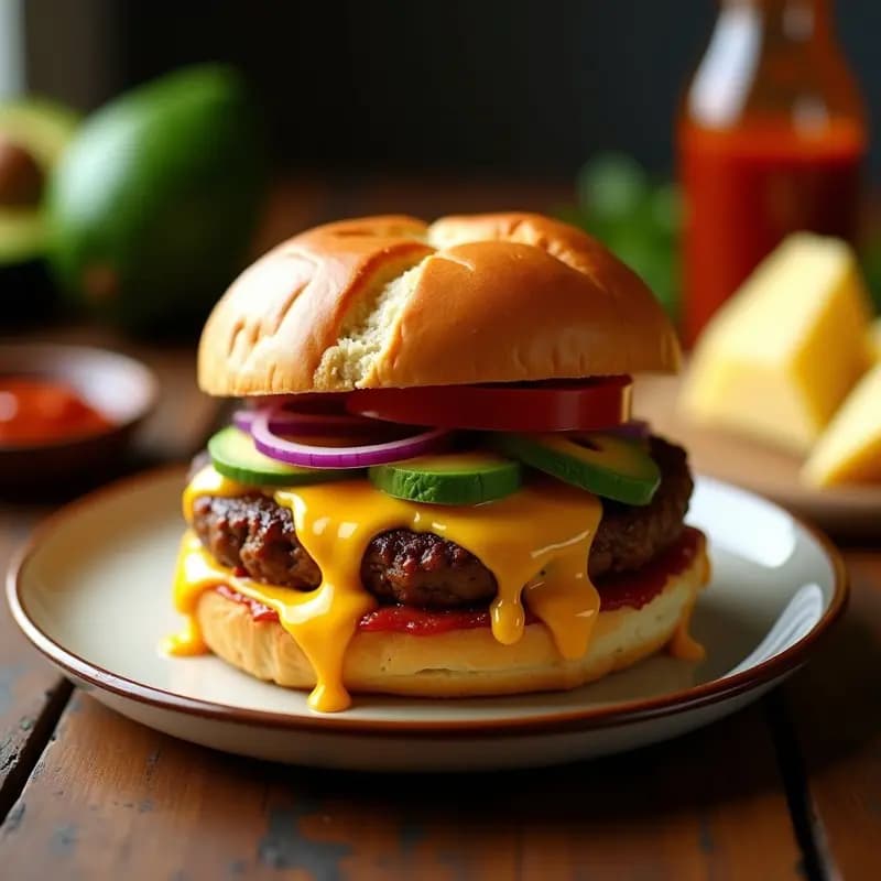 Hamburguesa de Aguacate y Chorizo con Salsa de Chipotle y Queso Fundido: Fusión Mexicana-Española