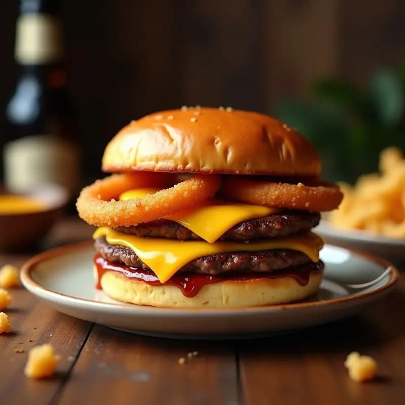 Hamburguesa con Anillo de Cebolla Frito y Queso Fundido por Dentro: La Explosión Crujiente