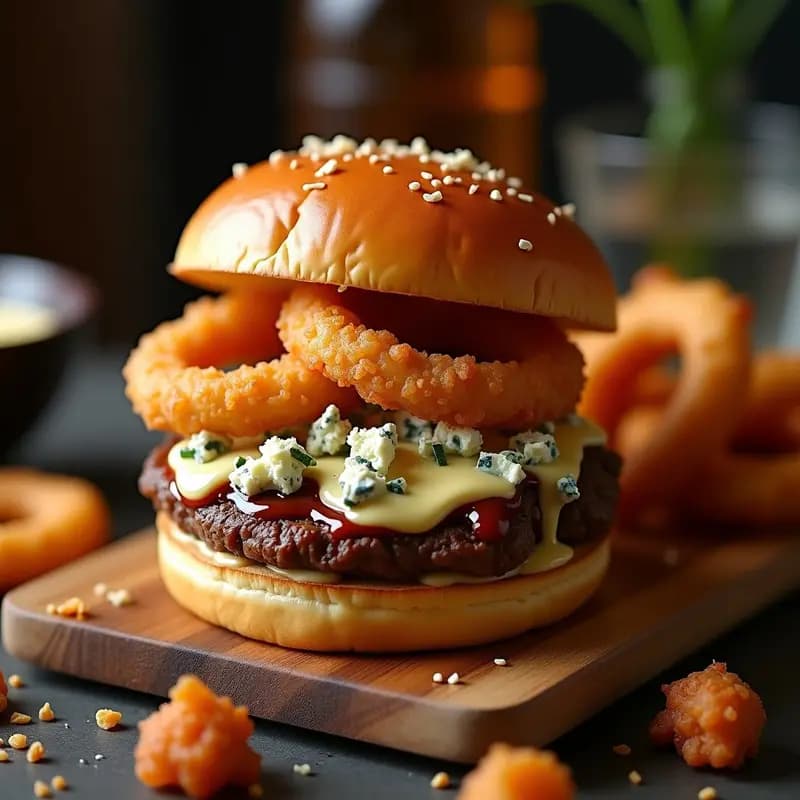 Hamburguesa con Anillos de Cebolla Fritos y Queso Azul: Combinación audaz y deliciosa