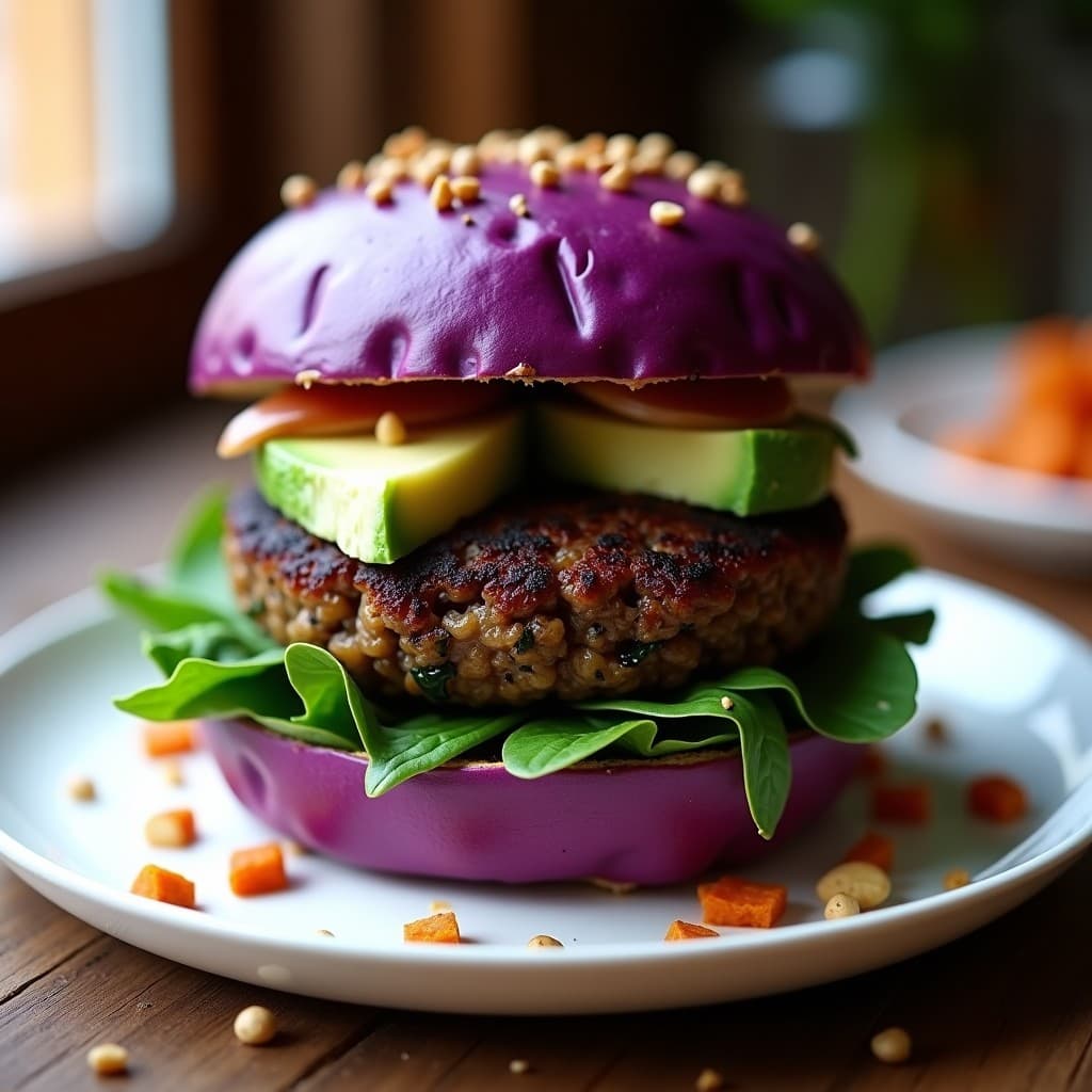 Hamburguesa de Berenjena y Lentejas Beluga: Receta Vegana con Pan de Batata Morada