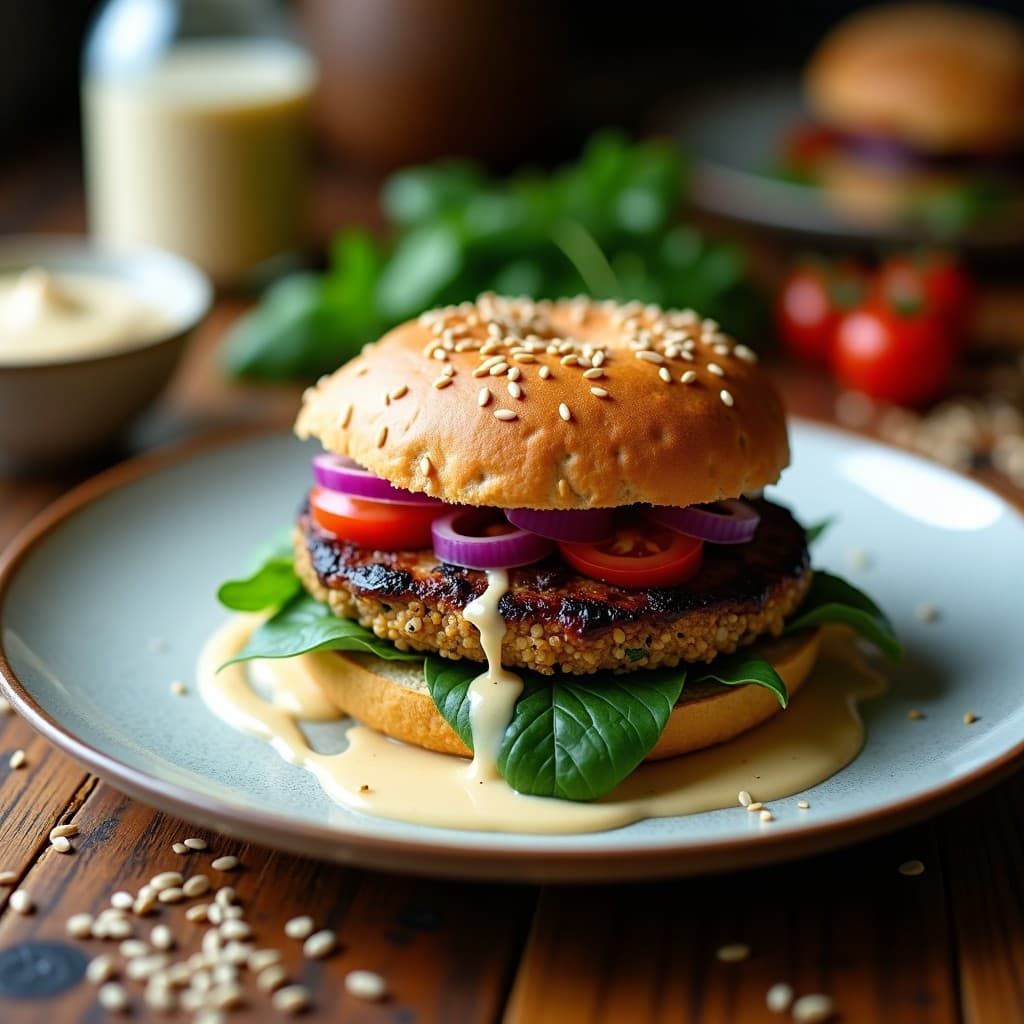 Hamburguesa de Berenjena Asada y Quinoa con Pan de Semillas: Burger Vegano Sin Gluten