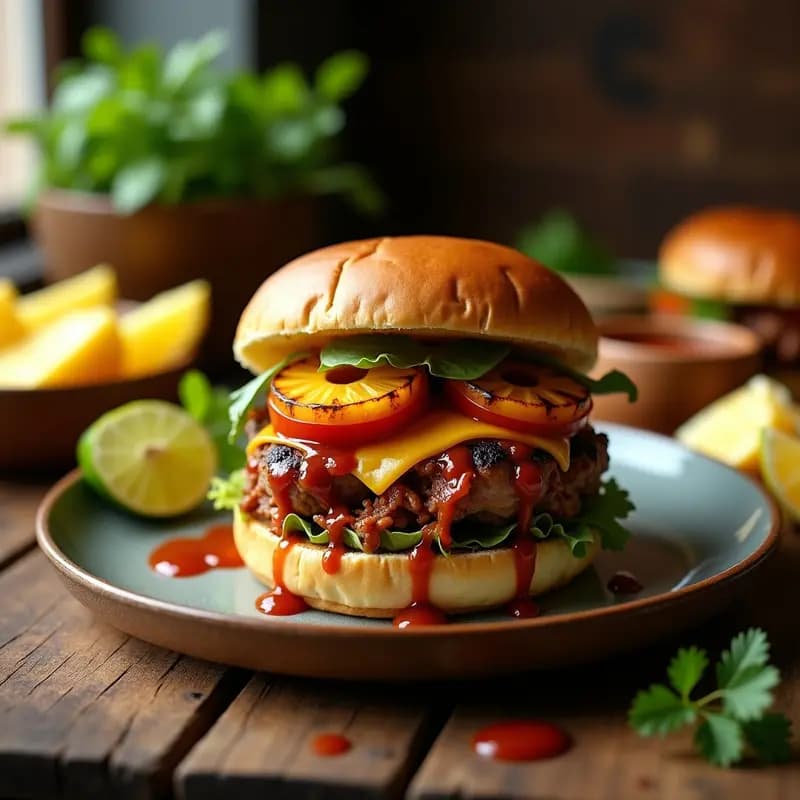 Hamburguesa de Carnitas con Piña Asada y Salsa Chipotle: Sabores Mexicanos en un Bocado