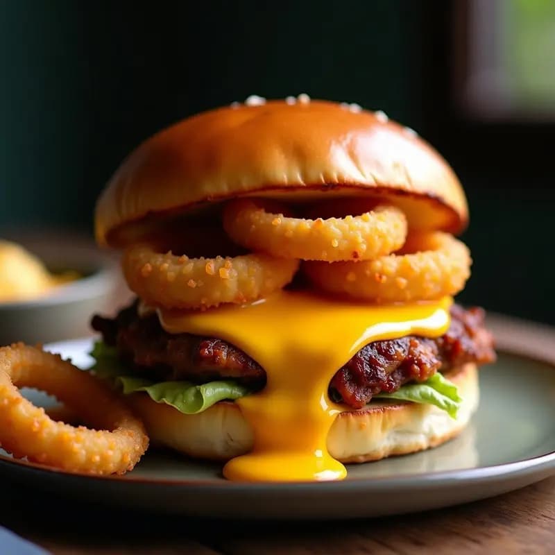 Hamburguesa de Carnitas con Salsa de Queso y Cebolla Crujiente: Receta Mexicana en Pan Brioche