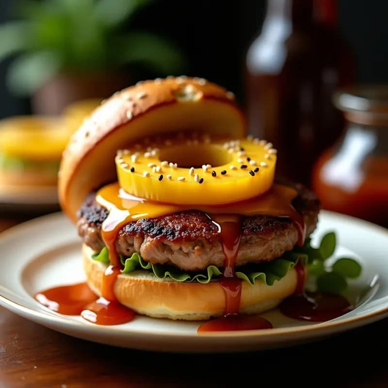 Hamburguesa de Cerdo con Anillo de Piña y Salsa Teriyaki: Dulce y Umami en un Solo Bocado