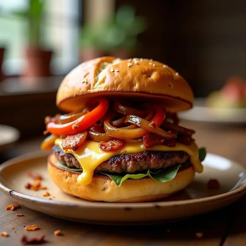 Hamburguesa de Chistorra y Queso Idiazábal con Cebolla Caramelizada y Pimientos Asados: Receta Vasco-Navarra Contundente