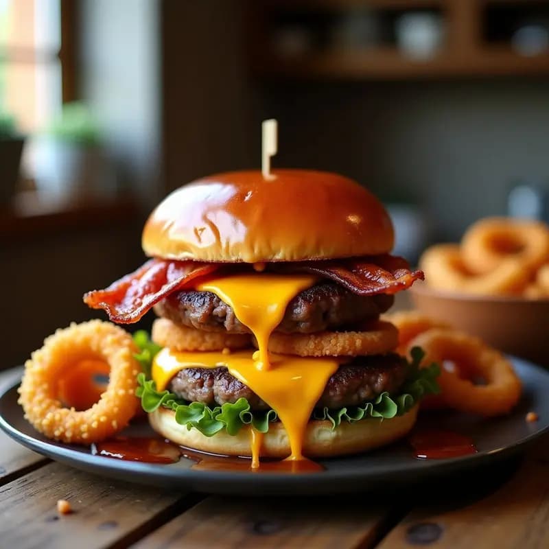 Hamburguesa de Chistosa con Queso Cheddar, Bacon y Aros de Cebolla: Receta para Reir