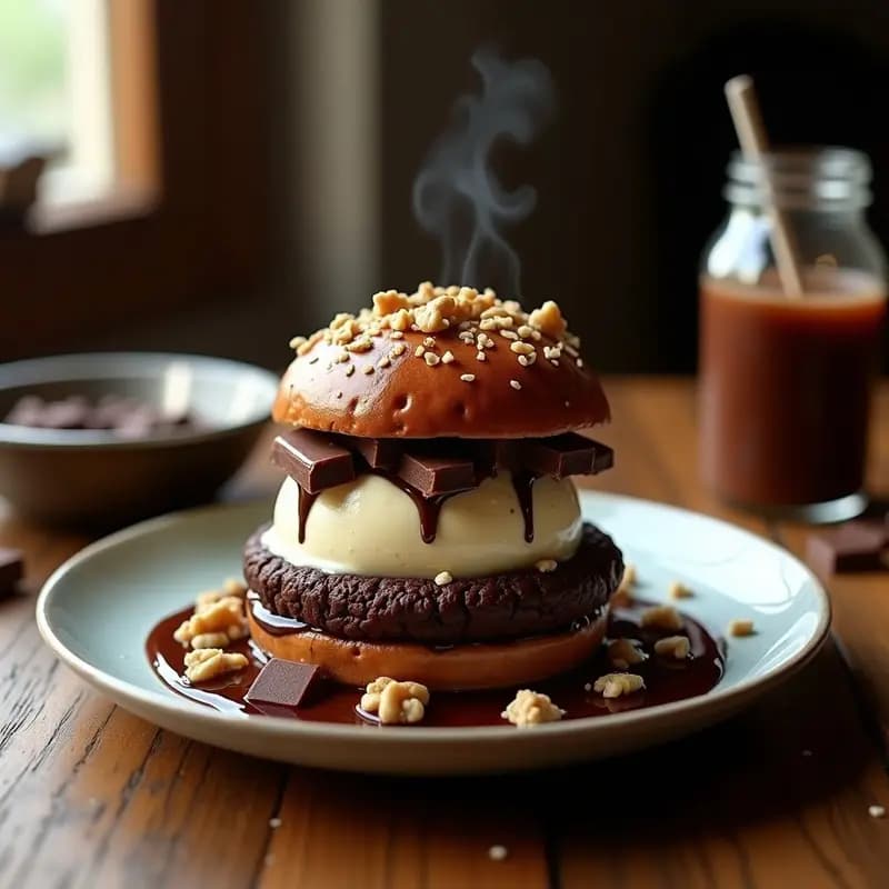 Hamburguesa de Chocolates con Pan de Brownie y Helado de Vainilla: Postre en Forma de Hamburguesa