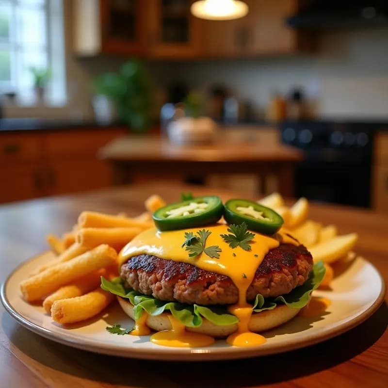 Hamburguesa de Choriqueso con Fritos de Queso y Jalapeños: Receta Mexicana Hipercalórica