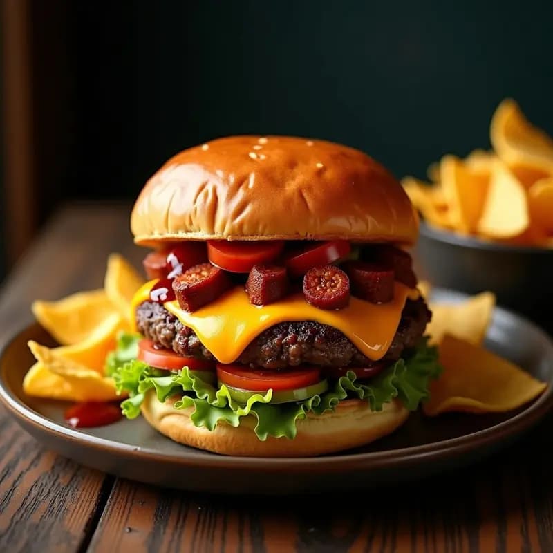 Hamburguesa de Choriqueso con Guacamole y Nachos: Sabores Mexicanos en un Solo Bocado