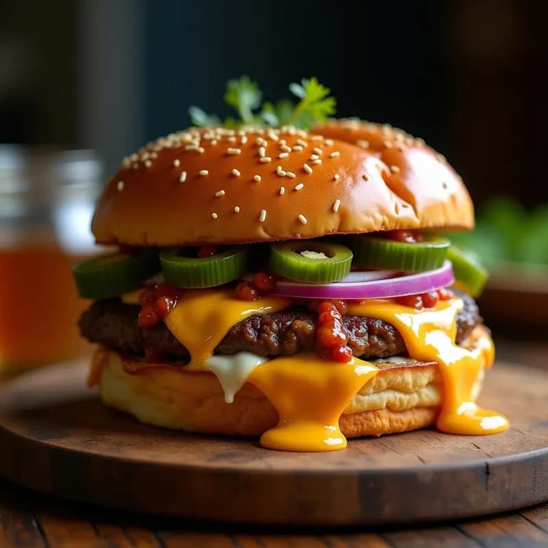 Hamburguesa de Choriqueso con Jalapeños y Salsa Chipotle: Explosión Mexicana en un Pan