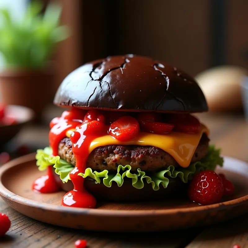 Hamburguesa de Choriqueso con pan de Chocolate y Salsa de Fresas Picantes: Fusión Mexicana Extrema