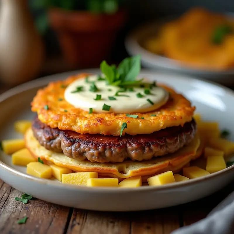 Hamburguesa de Choriqueso con Tortilla de Patatas y Alioli: Fusión Española de Sabores Intensos