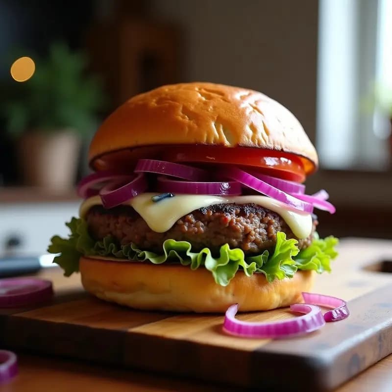Hamburguesa de Chorizo y Queso Azul con Cebolla Morada Encurtida: Receta Española con Toque audaz