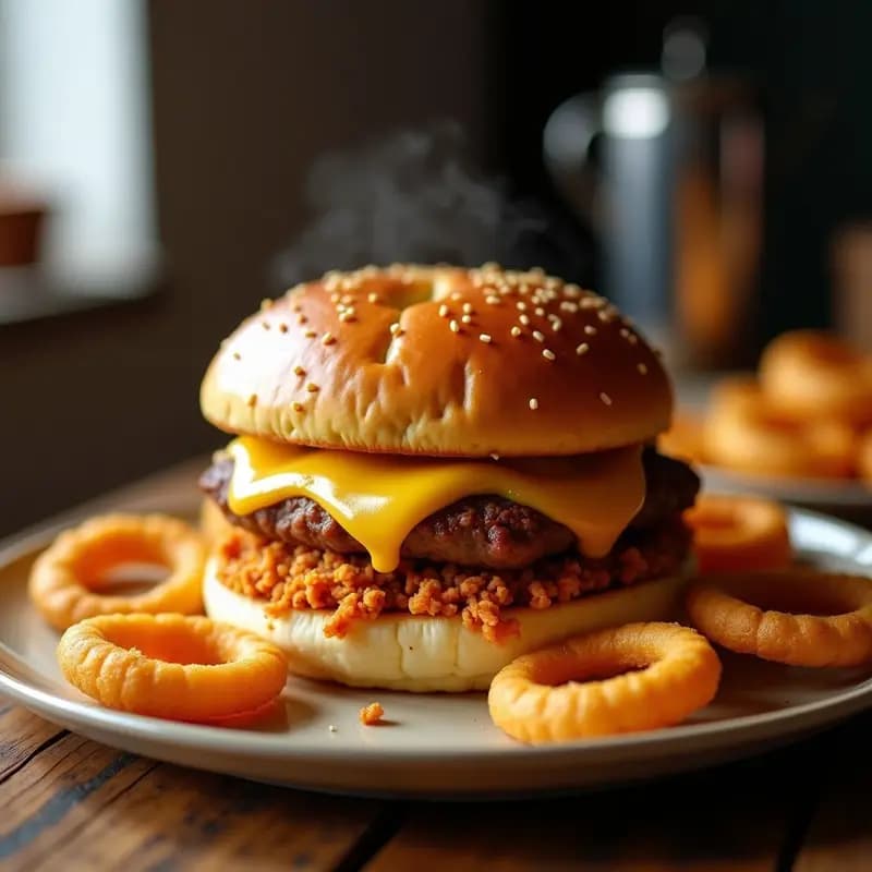 Hamburguesa de Chorizo y Queso Fundido con Pan de Brioche y Aros de Cebolla: Receta Quốc para los Más Atrevidos