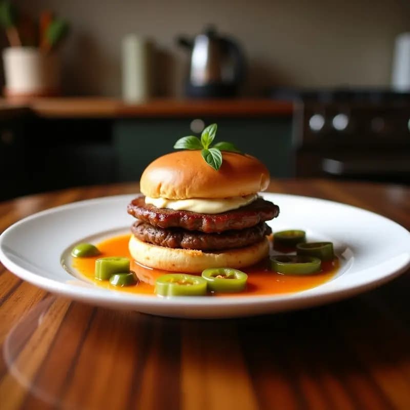 Hamburguesa de Chorizo con Queso de Cabra y Pimientos Asados: Sabores Ibéricos en un Bocado