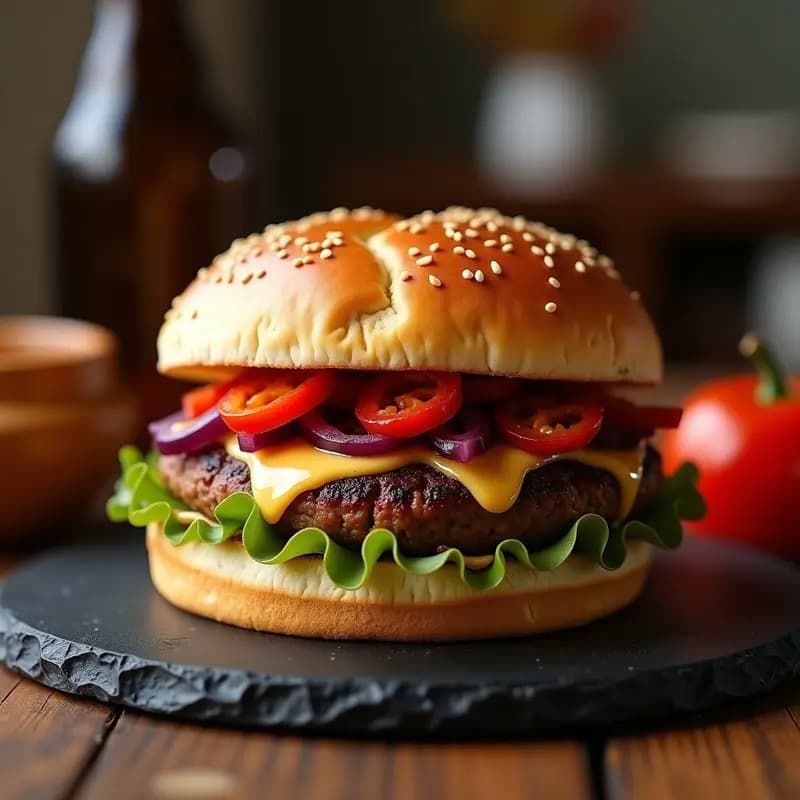 Hamburguesa de Chorizo con Queso Manchego, Pimientos Asados y Alioli de Ajo Negro